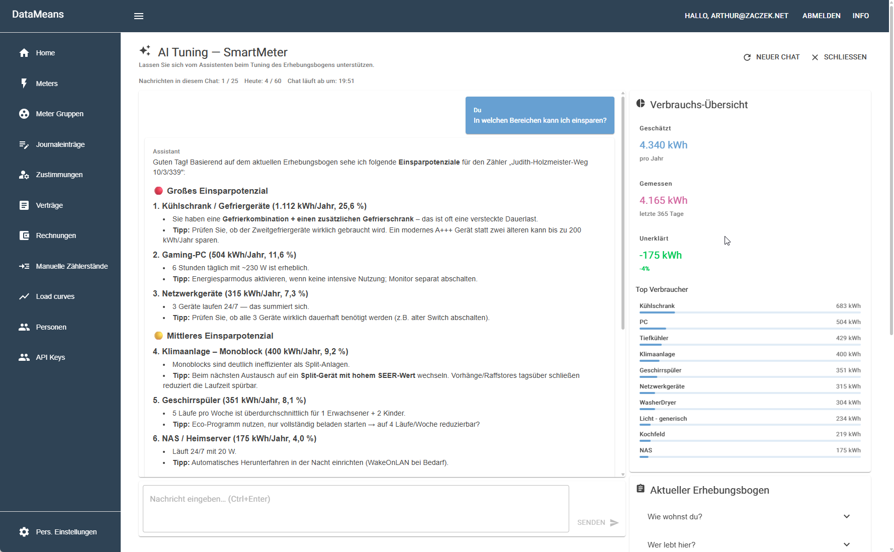 DataMeans KI-Analyse mit konkreten Einsparpotenzialen und Aufschlüsselung der größten Verbraucher